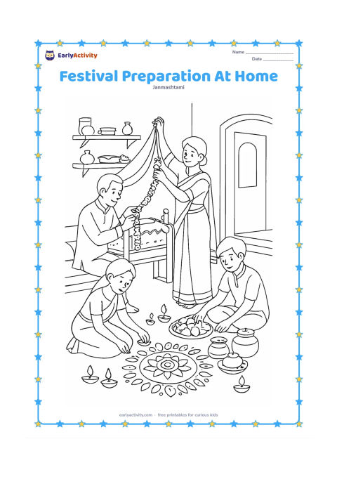 Colouring page: Draw a family preparing for Janmashtami in an Indian home: one person strings flowers, one decorates a cradle, one arranges fruit and butter pots, and a child places lamps near a rangoli…