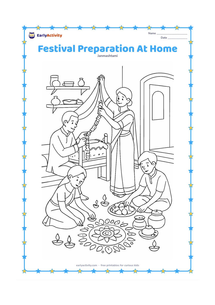 Colouring page: Draw a family preparing for Janmashtami in an Indian home: one person strings flowers, one decorates a cradle, one arranges fruit and butter pots, and a child places lamps near a rangoli…