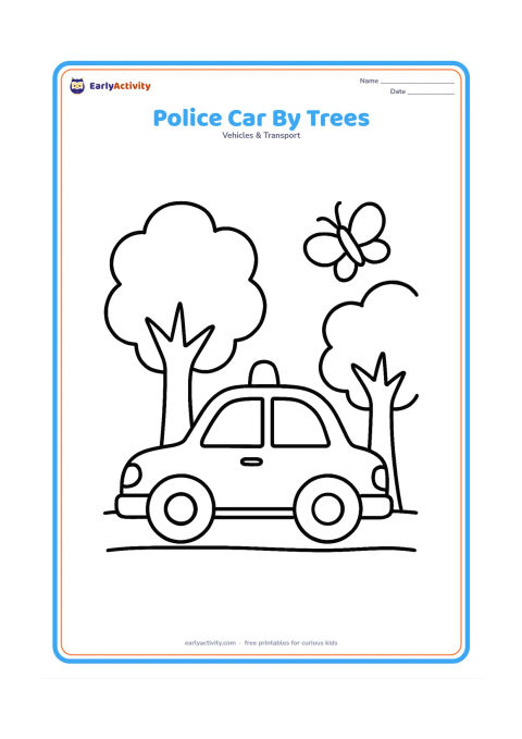 Colouring page: Draw a side-view police car stopped between two large leafy trees, with two wheels, windows and a roof light. Add a simple grassy ground line and one butterfly.