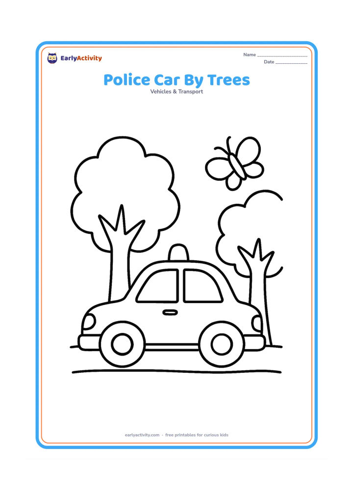 Colouring page: Draw a side-view police car stopped between two large leafy trees, with two wheels, windows and a roof light. Add a simple grassy ground line and one butterfly.