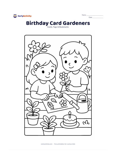 Worksheet: Show two children decorating a birthday card outdoors with pressed leaves and flower shapes while sitting beside a garden table. Include a blank writing panel on the card, a watering…