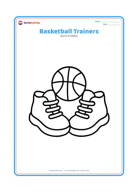 Colouring page: Two large basketball trainers placed side by side, each with simple soles, laces, and a small basketball between them. Do not include any logos or lettering.