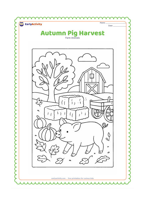 Colouring page: A pig walks through a farmyard during harvest season beside stacked hay bales, pumpkins and a wooden cart. Add an autumn tree, fallen leaves and a barn in the background.