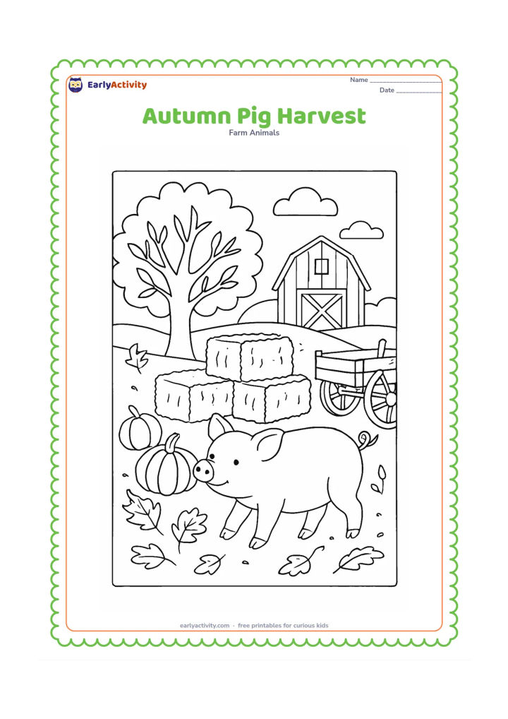 Colouring page: A pig walks through a farmyard during harvest season beside stacked hay bales, pumpkins and a wooden cart. Add an autumn tree, fallen leaves and a barn in the background.