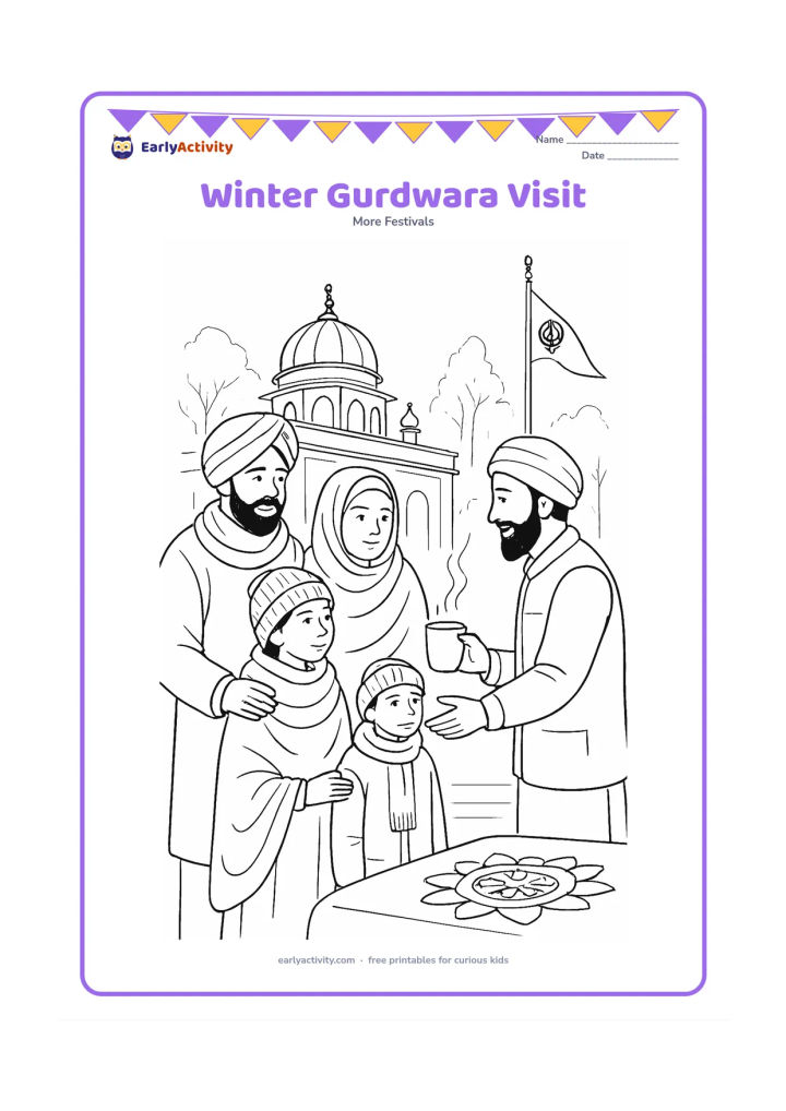 Colouring page: Draw a family visiting a gurdwara on a cool winter morning, wearing shawls and warm clothing, while volunteers offer a hot drink and guide people toward the langar hall. Include misty…