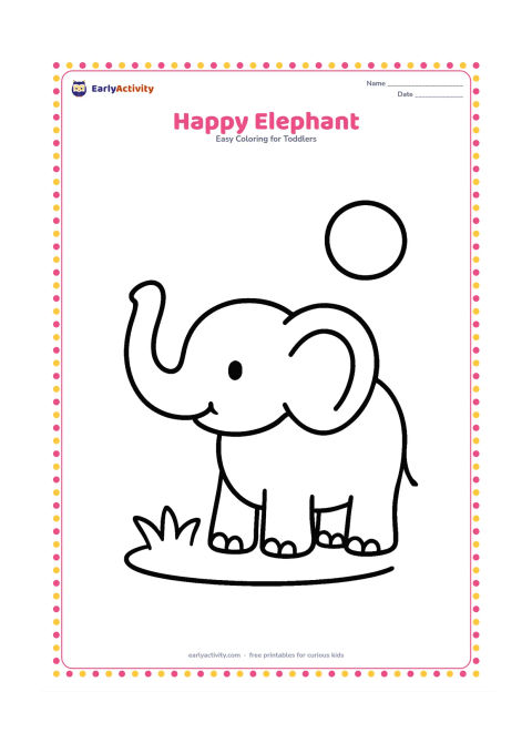 Colouring page: Draw one friendly elephant standing and lifting its trunk, with a small patch of grass and one round sun in the background. Keep the elephant large and centered with wide open areas.