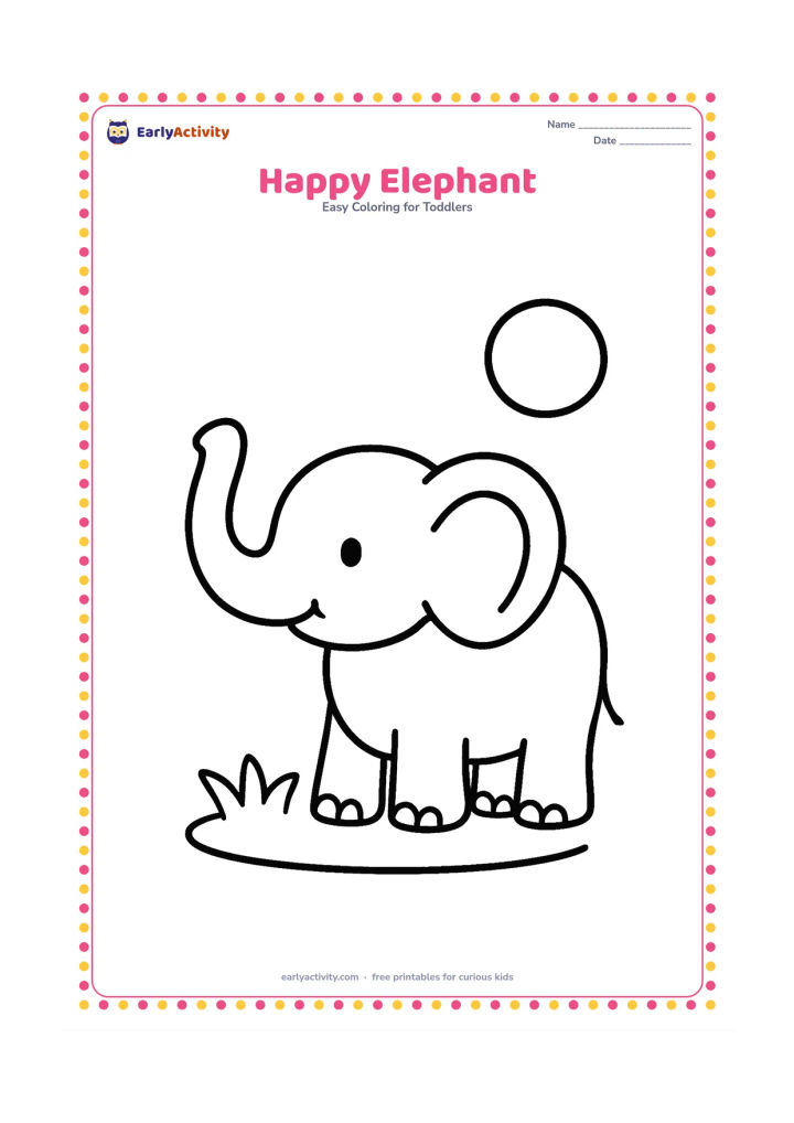 Colouring page: Draw one friendly elephant standing and lifting its trunk, with a small patch of grass and one round sun in the background. Keep the elephant large and centered with wide open areas.