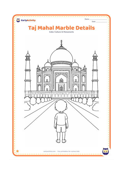 Colouring page: Show a closer architectural view of the Taj Mahal entrance iwan, central dome, two minarets and side arches, with visible floral inlay panels and jali screens. A child studies the façade…
