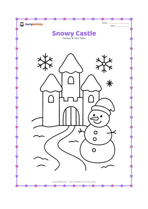 Colouring page: Draw a simple castle with three towers wearing rounded caps of snow, a closed gate, snowy ground, and a large snowman beside the path. Add a few big snowflakes in the open sky.