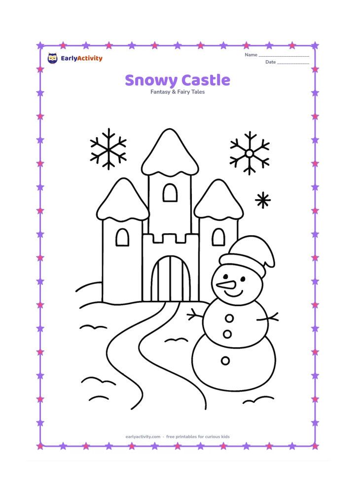 Colouring page: Draw a simple castle with three towers wearing rounded caps of snow, a closed gate, snowy ground, and a large snowman beside the path. Add a few big snowflakes in the open sky.