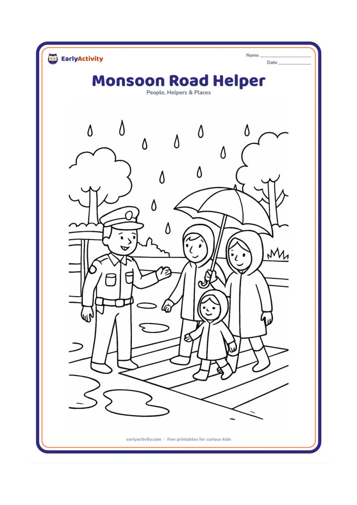 Colouring page: A police officer helps a family cross a wet neighbourhood road during gentle monsoon rain, while a traffic helper holds an umbrella. Include puddles, raincoats, an auto-rickshaw, trees…
