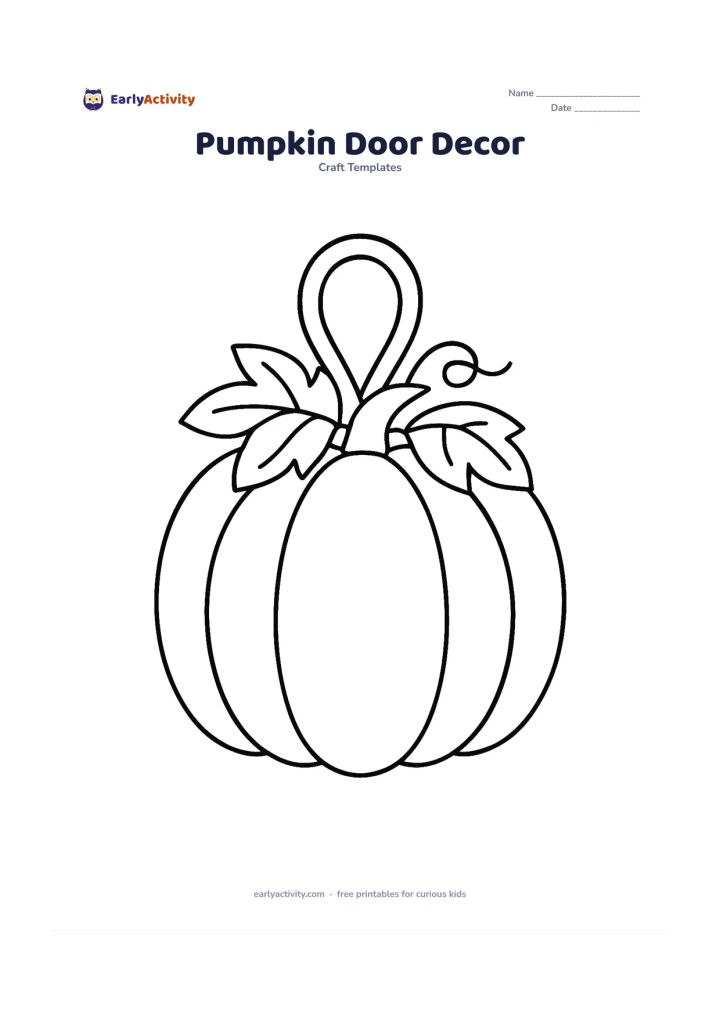 Worksheet: A large pumpkin shape hangs from a plain rounded door decoration loop, with two leaves and a curved vine at the top. Leave the pumpkin face blank for children to add their own designs.