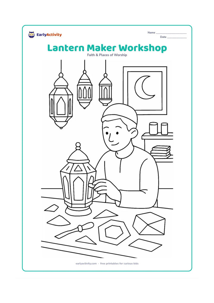 Colouring page: An artisan assembles a fanous lantern at a workbench, surrounded by geometric panel pieces, a small hand tool, hanging finished lanterns, and shelves of materials. Include a window with…