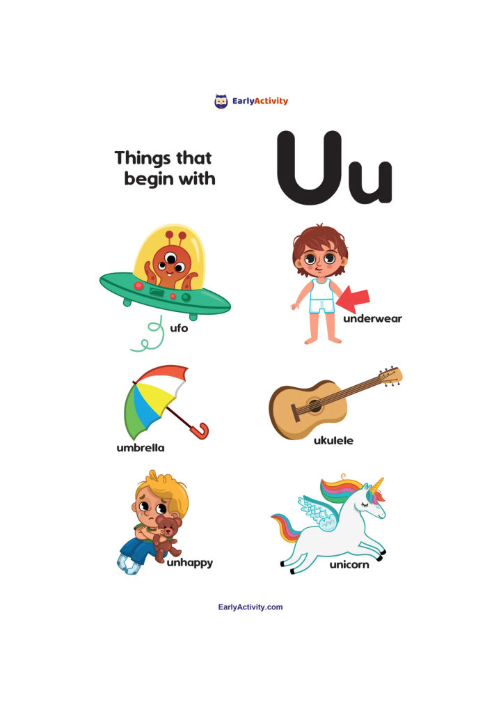 Worksheet showing uppercase and lowercase U with pictures labelled UFO, underwear, umbrella, ukulele, unhappy and unicorn.