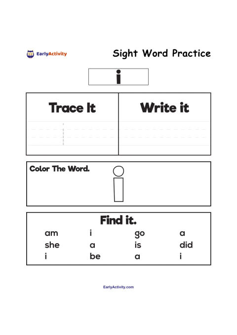 Worksheet for practising the sight word “I”, with trace and write boxes, a colour-the-word section, and a word search list.