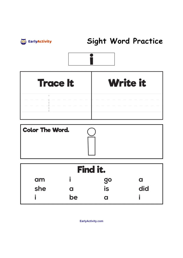 Worksheet for practising the sight word “I”, with trace and write boxes, a colour-the-word section, and a word search list.