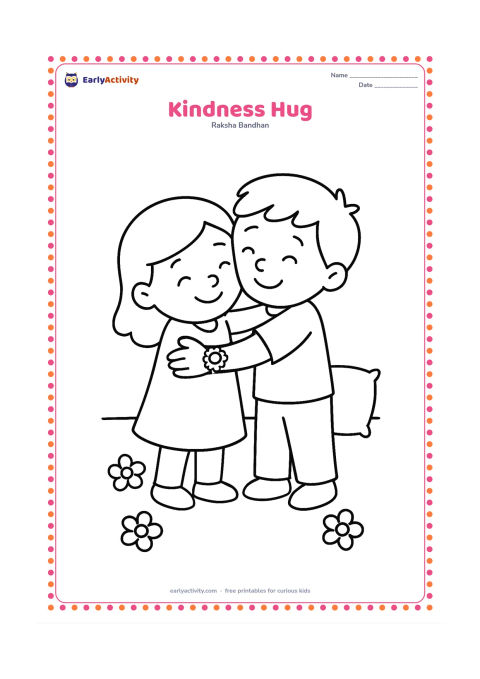 Colouring page: Two siblings share a warm hug after a rakhi ceremony, with a large rakhi visible on one wrist. Add a few flowers on the floor and a plain cushion in the background.