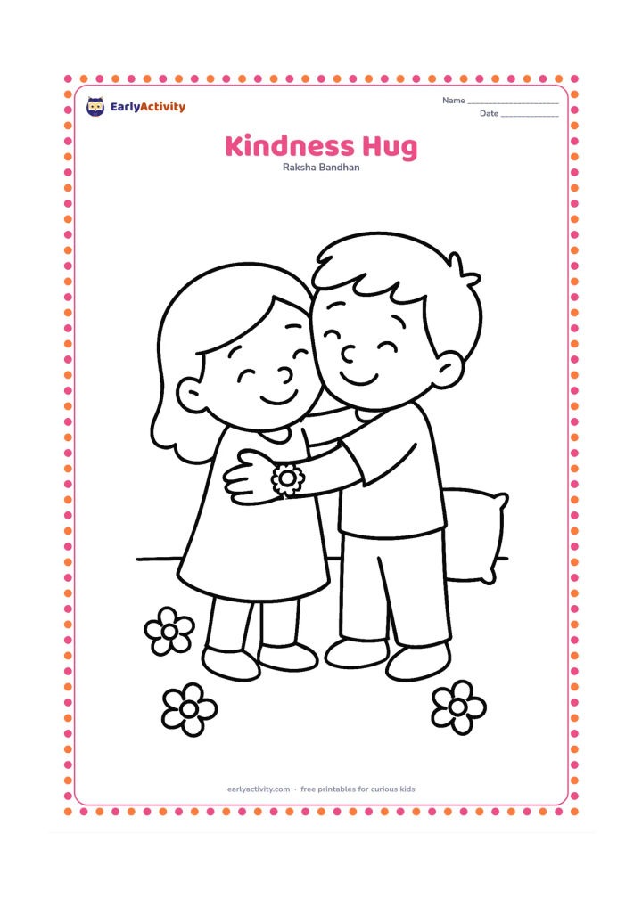 Colouring page: Two siblings share a warm hug after a rakhi ceremony, with a large rakhi visible on one wrist. Add a few flowers on the floor and a plain cushion in the background.