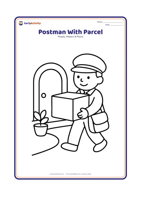 Colouring page: A friendly postman carries one large parcel toward a house door. Show a simple path, doorway, plant pot and delivery bag.