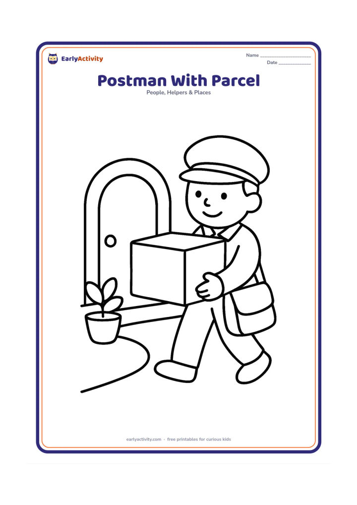 Colouring page: A friendly postman carries one large parcel toward a house door. Show a simple path, doorway, plant pot and delivery bag.