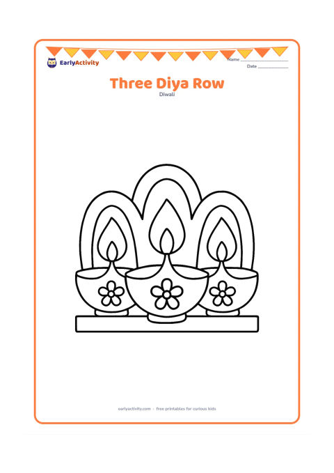 Colouring page: Draw three large diyas in a row, each with a rounded flame and a simple flower motif on the bowl. Place them on a low ledge with a few broad curved decoration shapes behind them.