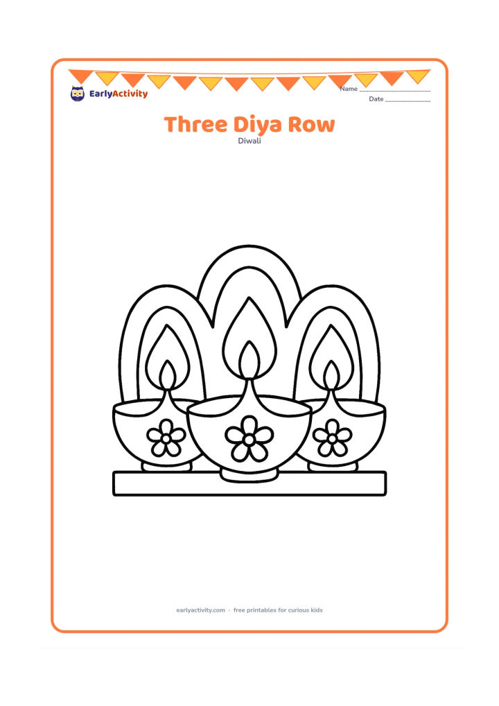 Colouring page: Draw three large diyas in a row, each with a rounded flame and a simple flower motif on the bowl. Place them on a low ledge with a few broad curved decoration shapes behind them.