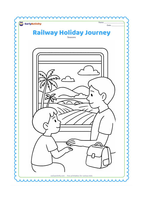 Colouring page: Draw a child and parent seated by an open train window, looking at a passing summer landscape. Include a window grille, a small travel bag, coconut palms, fields, a bridge, and distant…