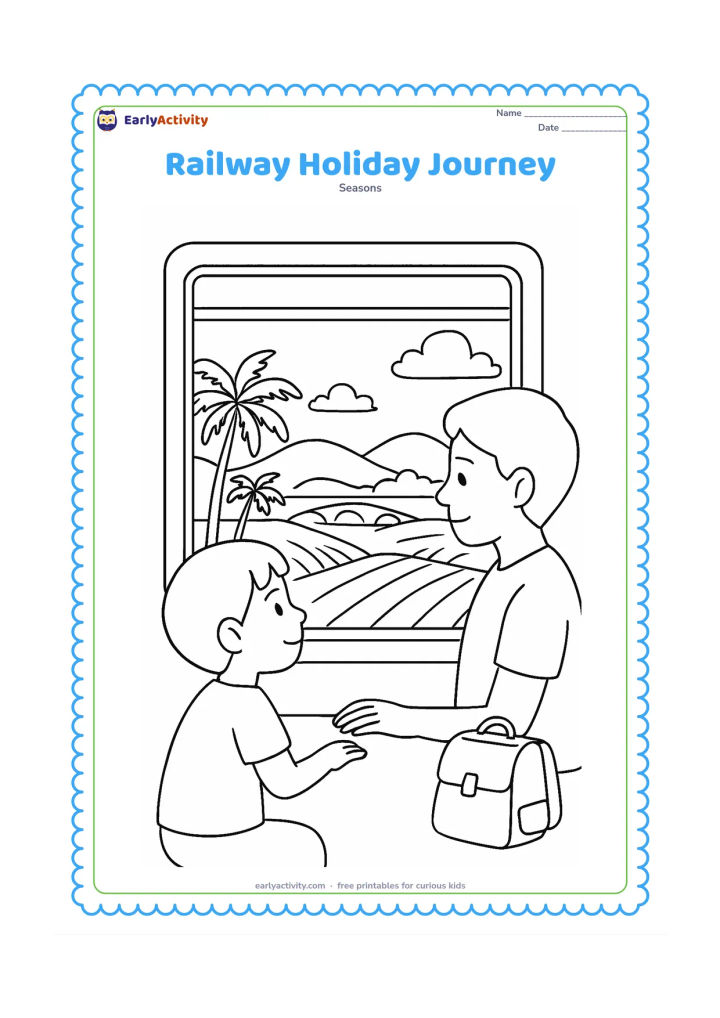Colouring page: Draw a child and parent seated by an open train window, looking at a passing summer landscape. Include a window grille, a small travel bag, coconut palms, fields, a bridge, and distant…