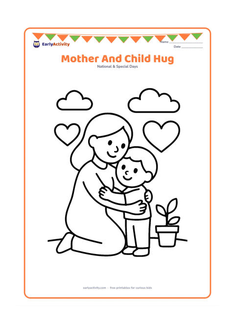 Colouring page: A smiling mother kneels to hug her young child, with two large hearts, a small potted plant and a few clouds around them. Keep the figures central with wide open spaces for easy colouring.