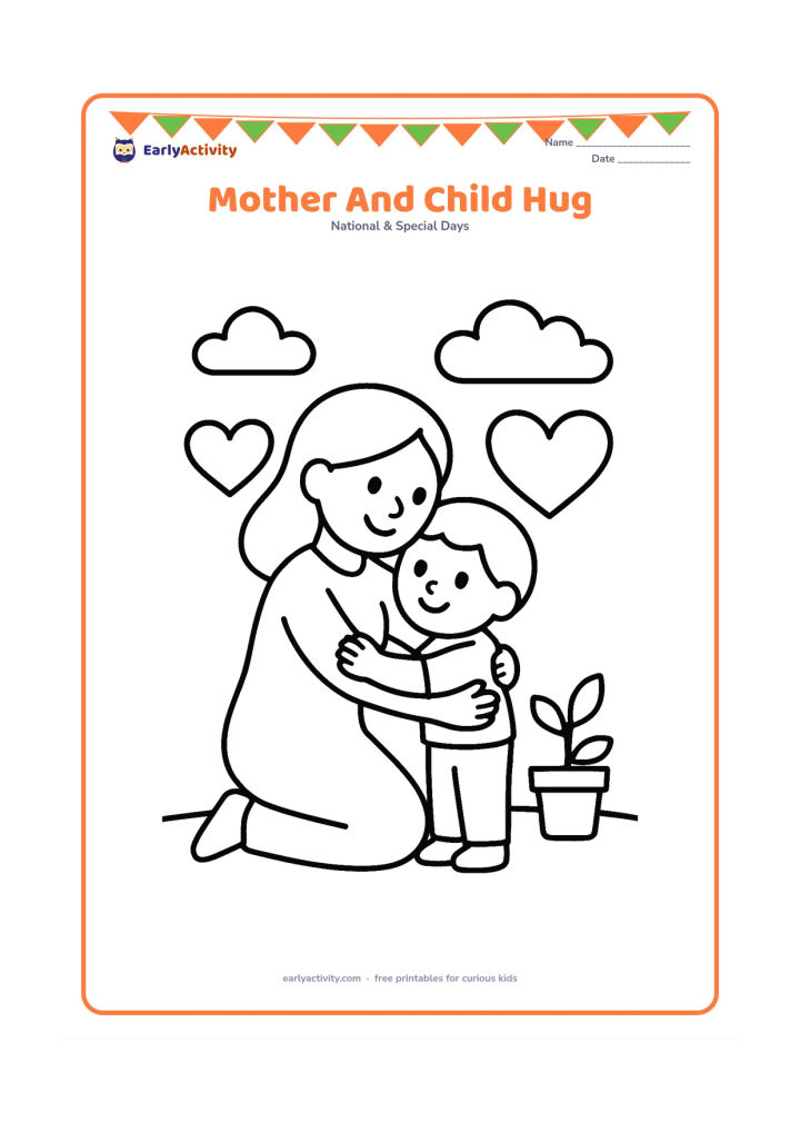 Colouring page: A smiling mother kneels to hug her young child, with two large hearts, a small potted plant and a few clouds around them. Keep the figures central with wide open spaces for easy colouring.