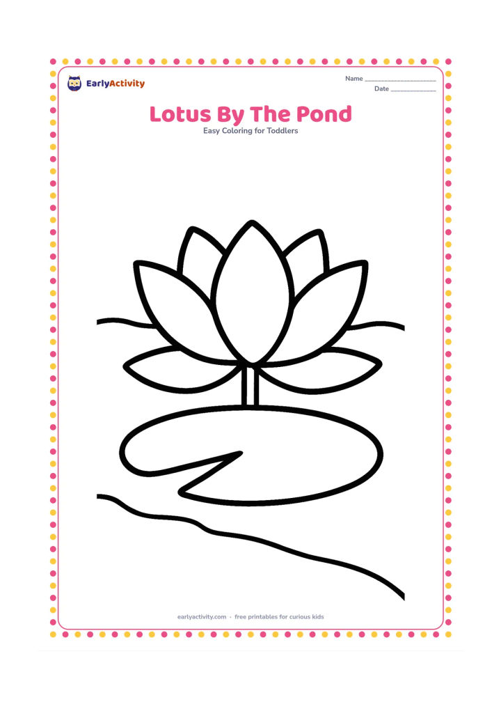 Colouring page: Draw one large open lotus flower beside a broad lily pad, with a small pond edge and two simple curved water lines in the background. Keep the flower as the main central shape with only…