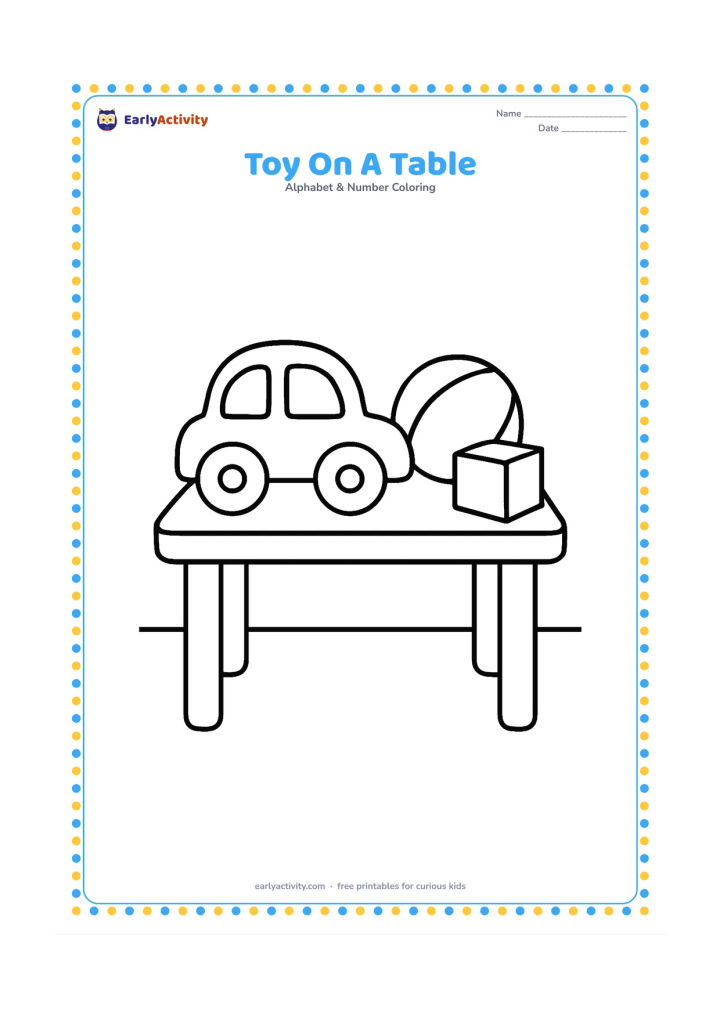 Colouring page: Draw a small teddy-free toy car resting on a sturdy table, with a round ball and a toy block beside it. Show the table legs and a plain room floor.