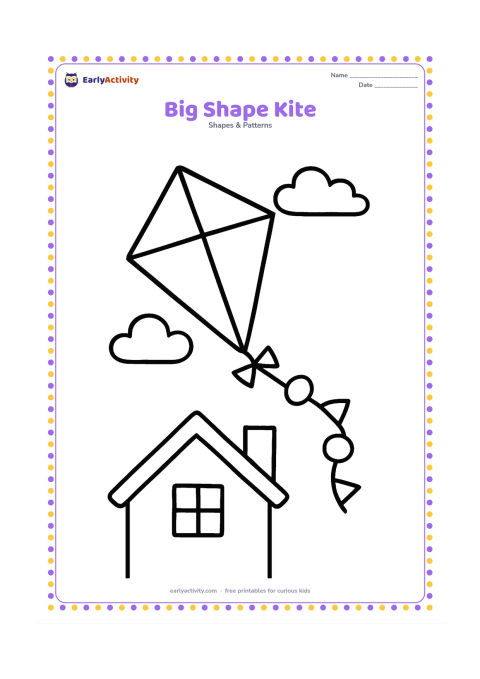 Colouring page: Draw one large kite flying above a simple rooftop, with a tail made from repeating circles and triangles. Keep the sky mostly open, with broad sections on the kite for easy colouring.