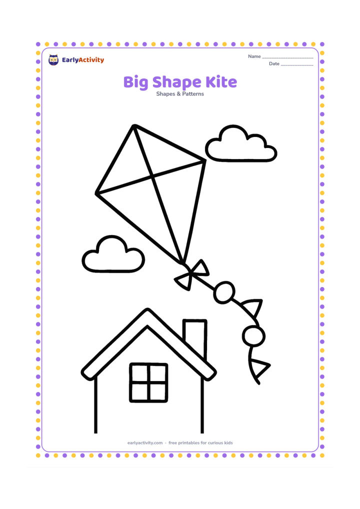 Colouring page: Draw one large kite flying above a simple rooftop, with a tail made from repeating circles and triangles. Keep the sky mostly open, with broad sections on the kite for easy colouring.