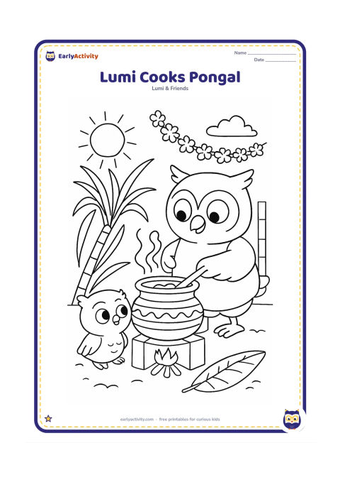 Colouring page: Lumi watches an adult owl stir a bubbling Pongal pot over a safe outdoor stove. Include sugar cane, a decorated pot rim, a banana leaf, flower garlands and a sunny courtyard.
