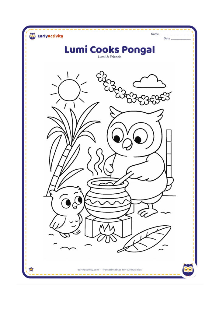 Colouring page: Lumi watches an adult owl stir a bubbling Pongal pot over a safe outdoor stove. Include sugar cane, a decorated pot rim, a banana leaf, flower garlands and a sunny courtyard.