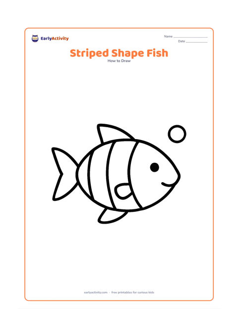 Worksheet: Show a large side-view fish with an oval body, triangle tail, two fins, and three wide curved stripe spaces. Add one small bubble and keep the surroundings empty.