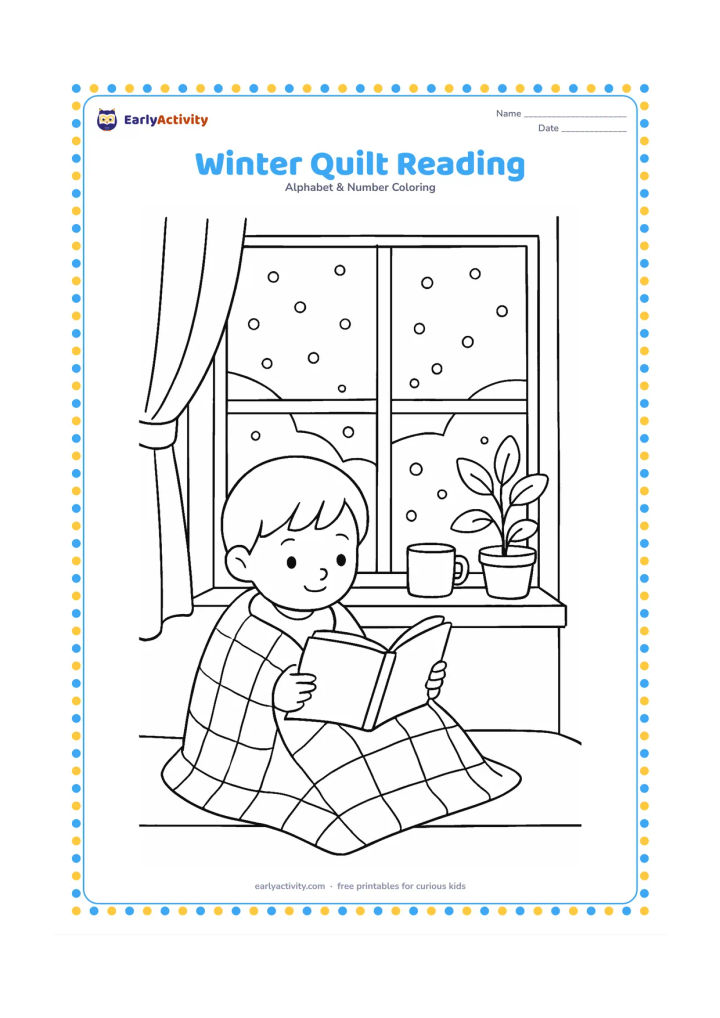 Colouring page: A child sits in a window seat wrapped in a patchwork quilt while reading a picture book with its pages turned away from view. Show a mug on the sill, snow outside, and a potted plant.
