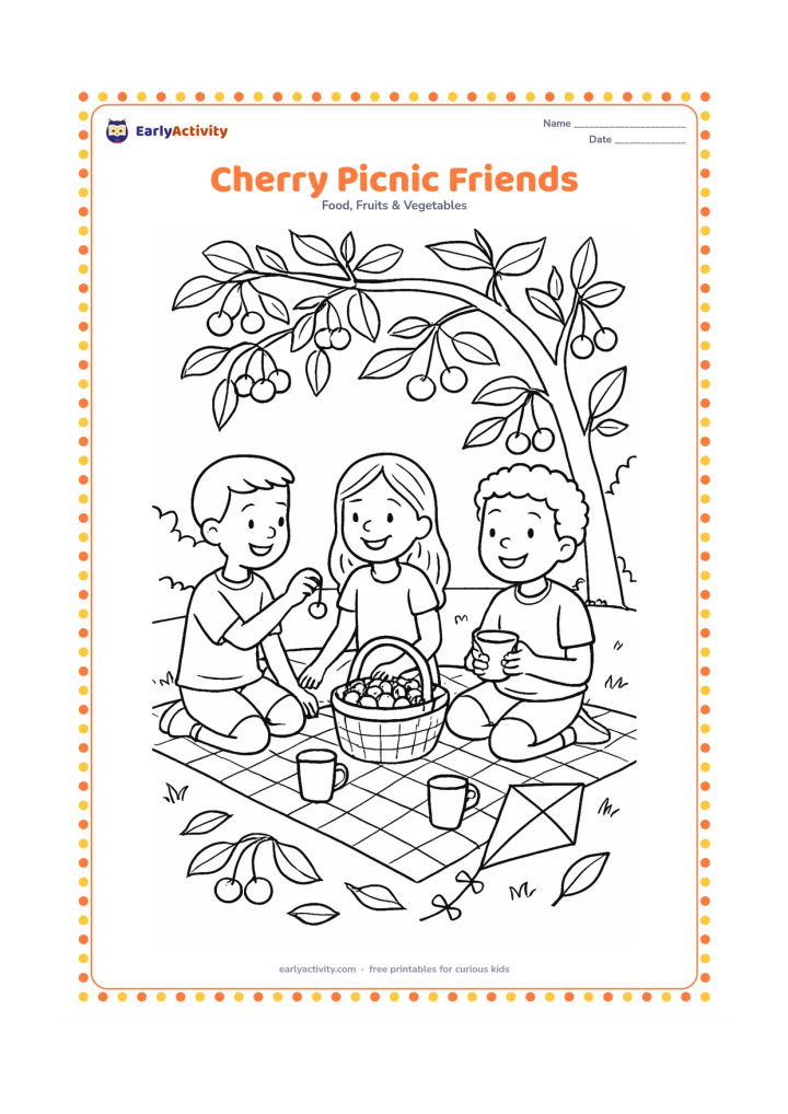 Colouring page: Draw three children at an outdoor picnic beneath a cherry tree, with a checked cloth, cherry basket, cups, leaves and a kite resting on the ground.