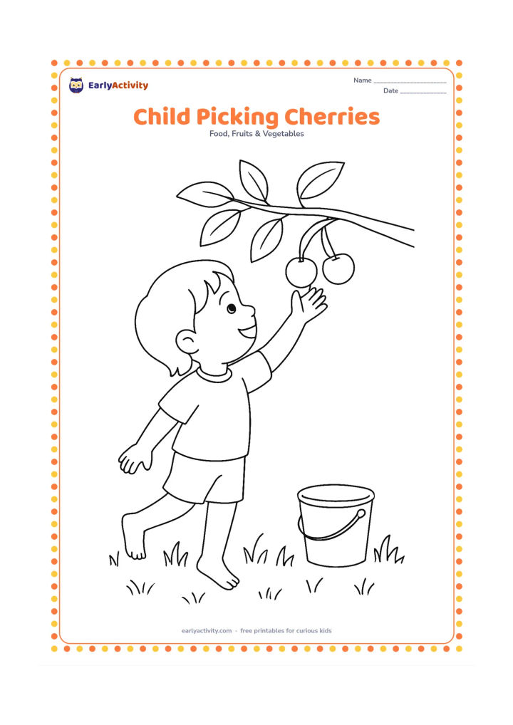 Colouring page: Draw a child standing on tiptoe beneath a low cherry branch and reaching for a pair of cherries, with grass and a small bucket nearby.