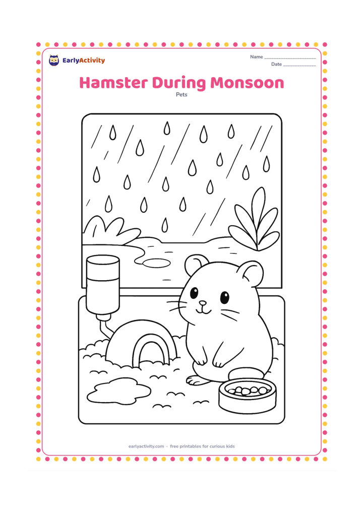 Colouring page: A hamster looks out from its dry indoor enclosure at raindrops on a window, with puddles and leafy plants outside. Include a covered bedding nest, water bottle and food dish inside.