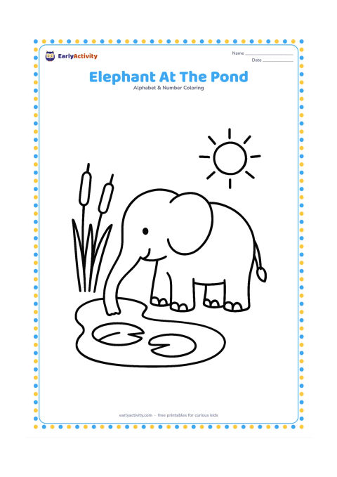Colouring page: Draw one friendly elephant standing beside a small pond, dipping its trunk toward the water. Add a few large reeds, two round lily pads and a simple sun in the background.