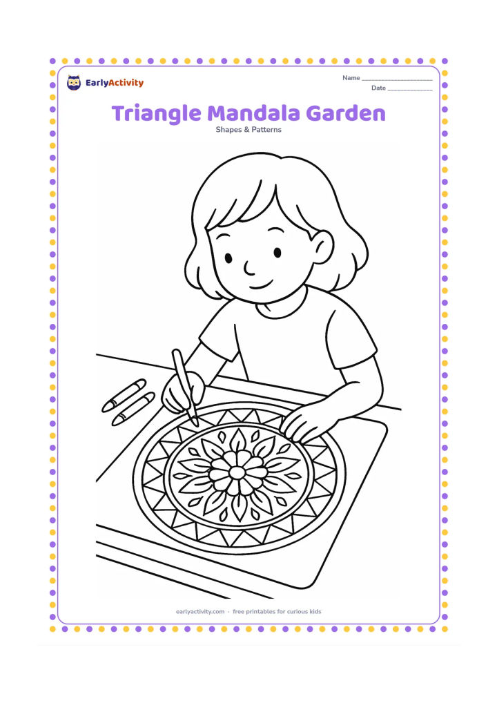 Colouring page: Create a circular garden mandala built from rings of triangles, with alternating points, small leaf shapes, and a central flower. Place the mandala on a tray beside a child colouring it…