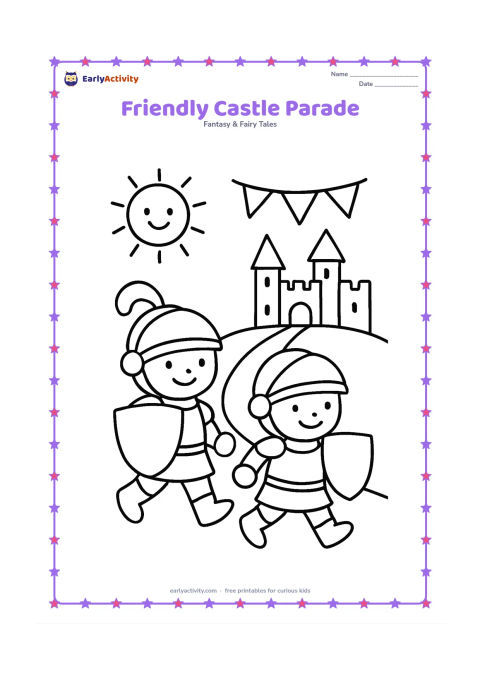 Colouring page: Two cheerful knights walk side by side toward a castle, each carrying a plain shield. Add a wide path, simple pennant flags without markings, and a smiling sun.