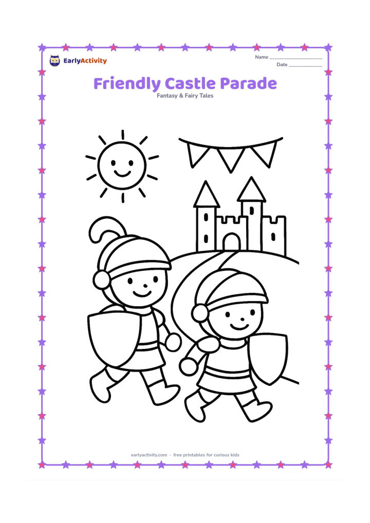 Colouring page: Two cheerful knights walk side by side toward a castle, each carrying a plain shield. Add a wide path, simple pennant flags without markings, and a smiling sun.