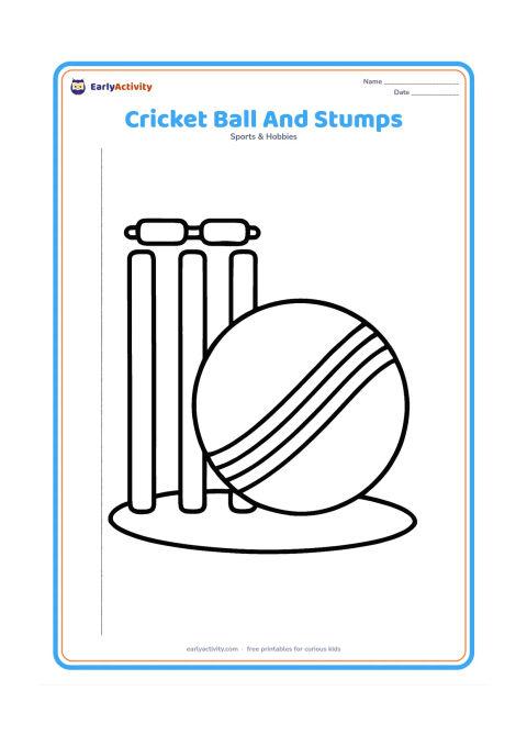 Colouring page: One large cricket ball resting beside three simple stumps with two bails on top. Place the objects on a short curved patch of ground.