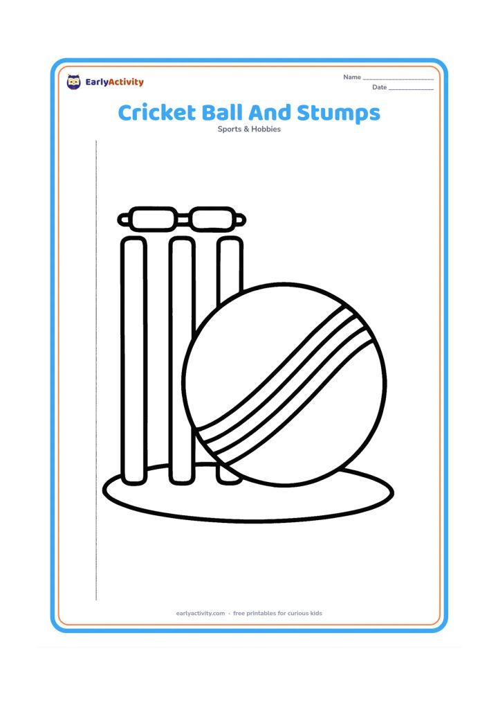 Colouring page: One large cricket ball resting beside three simple stumps with two bails on top. Place the objects on a short curved patch of ground.