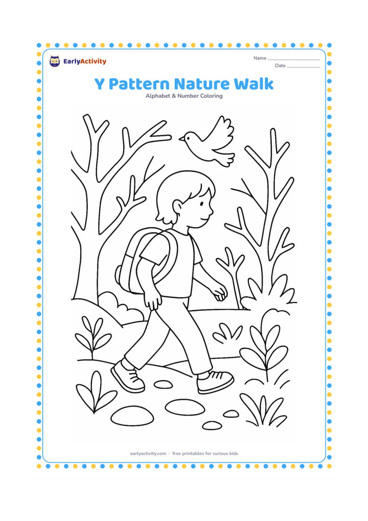 Colouring page: Draw a child walking through a nature trail where branching twigs, forked roots, and a bird's spread wings create repeated Y-like shapes without using any written symbols. Include a…