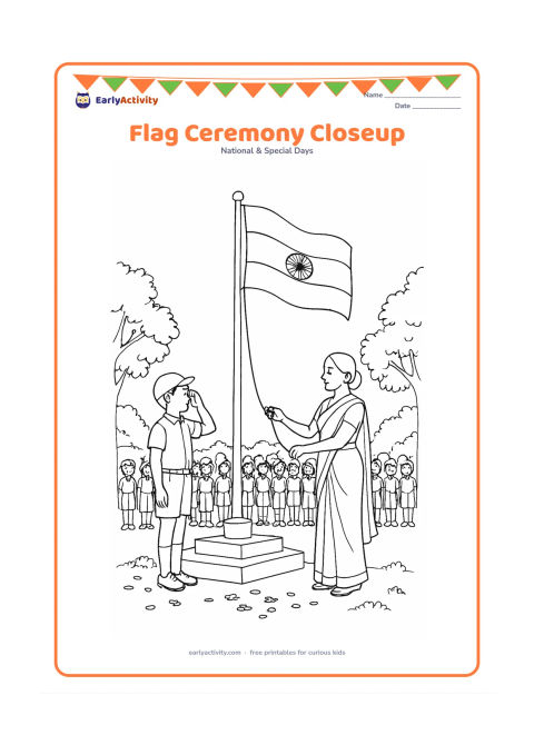 Colouring page: Draw a detailed school flag ceremony from a low viewpoint, with a student saluting beside a tall Indian flagpole while a teacher pulls the rope. Show rows of students, flower petals near…