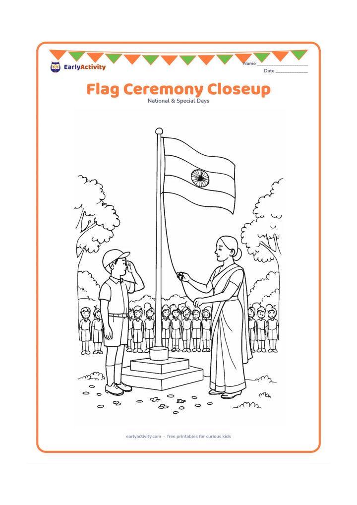 Colouring page: Draw a detailed school flag ceremony from a low viewpoint, with a student saluting beside a tall Indian flagpole while a teacher pulls the rope. Show rows of students, flower petals near…